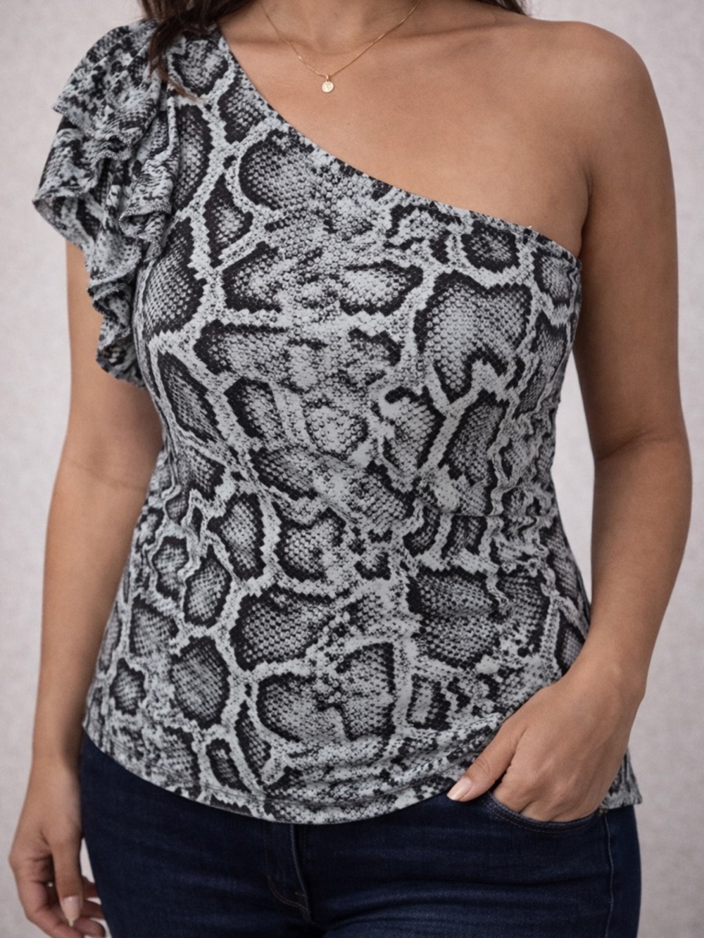 One Shoulder Snake Print Ruffle Top Gray Black Stretch Blouse Size L